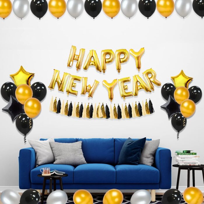 black golden happy new year decoration pack of 43 pcs new year foil star shape foil tassle metallic latex balloons for house party